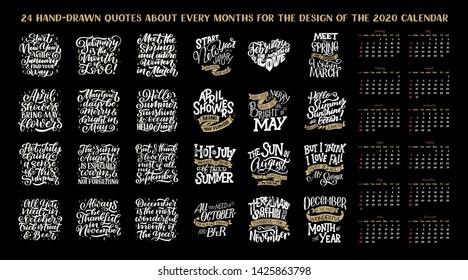 Set of vector compositions for every months, calendar, planner template. Hand drawn lettering quotes for calendar design, illustration