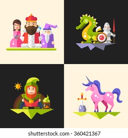 Set of vector compositions with fairy tales flat design magic cartoon personages. King, wizard, princess, dragon, knight, gnome and unicorn.