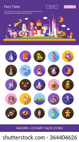 Set of vector compositions with fairy tales flat design magic cartoon characters with a header