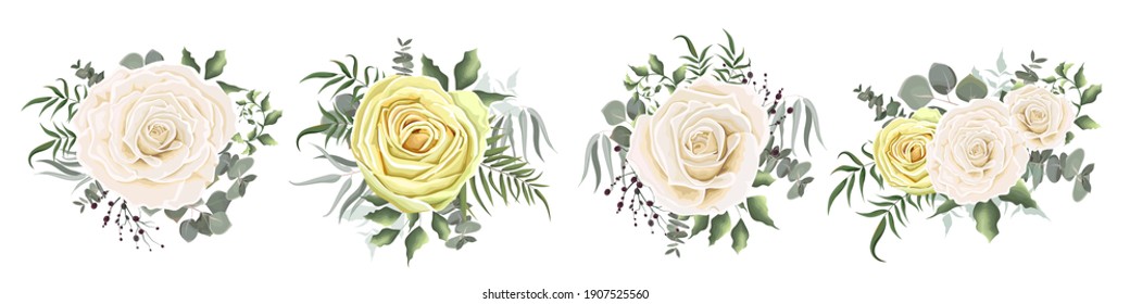 Set of vector compositions from flowers. Pink and yellow delicate roses, Asian buttercup. Flowers and plants on a white background.