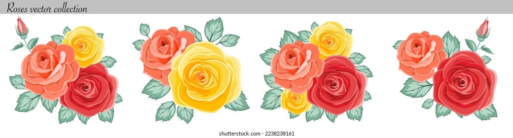 Set of vector compositions from flowers. red and yellow delicate roses, Flowers and plants on a white background for greeting card