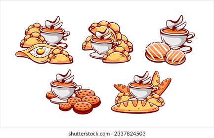 A set of vector compositions on the theme of baking and tea drinking in cartoon comic style.