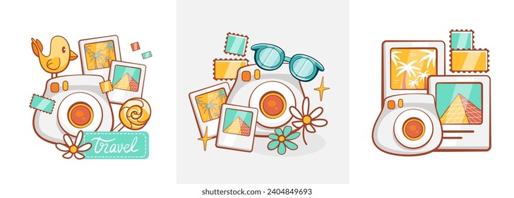 A set of vector compositions on the theme of an instant camera in a cute cartoon style.