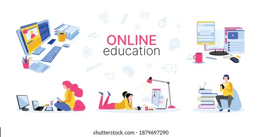 Set of vector compositions for online homeschooling. Men, women, computers, the Internet. Vector illustration for website.