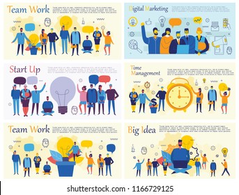 Set of vector concept illustration backgrounds of Start Up, Digital Marketing, Big Idea and Team Work in flat style