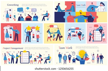 Set of vector concept illustration backgrounds of Co working, Project management, Mobile advertising,Online review and Team Work in flat style