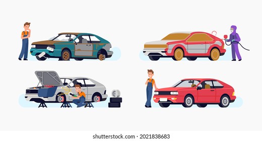 Set of vector concept illustrations on car restoration project. Garage themed scenes with auto repair professional at work