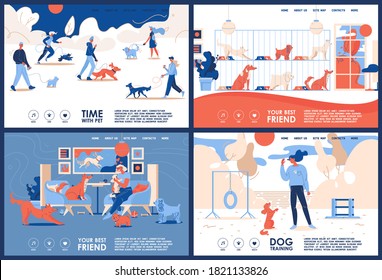 Set of vector concept landing pages about love to pet drawn in orange and blue. Park walking, dog cafe, puppy training and adoption banner
