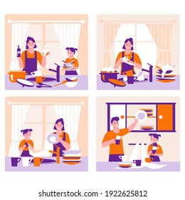 Set of vector concepts for cleaning the kitchen, washing dishes by the family. Children help their parents. Illustrations in flat cartoon style.