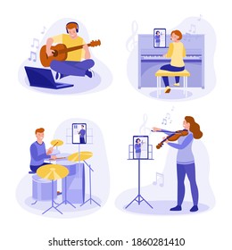 Un conjunto de conceptos vectoriales para el aprendizaje en línea para tocar instrumentos musicales: piano, violín, tambores, guitarra. Estilo plano.