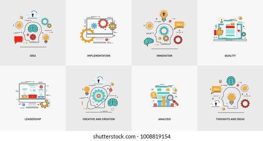 Set of vector conceptual flat line illustrations. Creative and creation, thoughts and ideas. Silhouette of a head, bulb gear, cloud, brain, speech balloon. Vector illustration