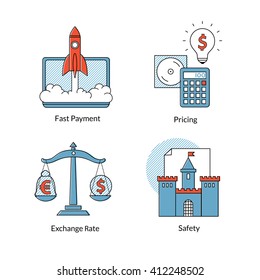 Set vector conceptual icons for of E-commerce or on-line business. Fast payment, pricing, safety, exchange rating. Tools for buy or sell online