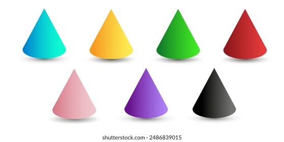 Set of vector cones with gradients and shadow for game, icon, package design, logo, mobile, ui, web, education. 3D cone shaped pyramid on a white background. Geometric figures for your design.