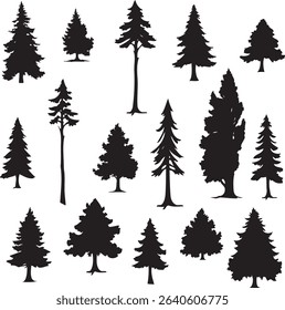 set of vector coniferous trees, black and white illustration, trees silhouettes isolated on white background	