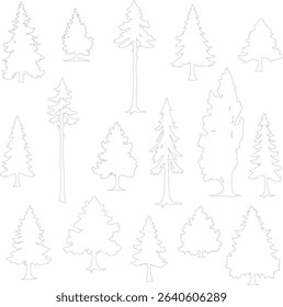 set of vector coniferous trees illustration, trees collection outline sketch isolated on white background	
