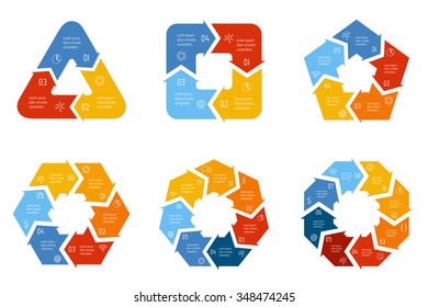 Set of vector connected infographic diagrams. Circular charts with 3, 4, 5, 6, 7, 8 options. Paper progress steps for tutorial. Business concept sequence banners. EPS10 polygonal workflow layouts.