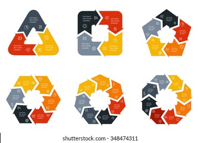 Set of vector connected infographic diagrams. Circular charts with 3, 4, 5, 6, 7, 8 options. Paper progress steps for tutorial. Business concept sequence banners. EPS10 polygonal workflow layouts.