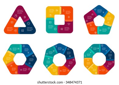 Set of vector connected infographic diagrams. Circular charts with 3, 4, 5, 6, 7, 8 options. Paper progress steps for tutorial. Business concept sequence banners. EPS10 polygonal workflow layouts.