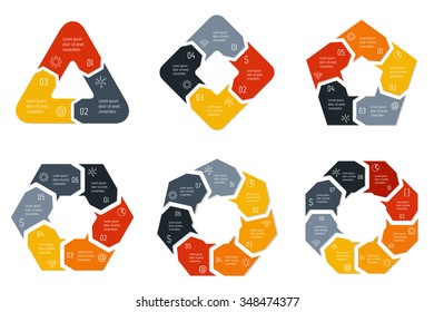Set of vector connected infographic diagrams. Circular charts with 3, 4, 5, 6, 7, 8 options. Paper progress steps for tutorial. Business concept sequence banners. EPS10 polygonal workflow layouts.