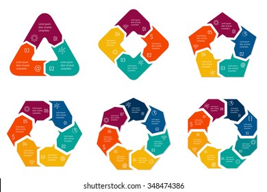 Set of vector connected infographic diagrams. Circular charts with 3, 4, 5, 6, 7, 8 options. Paper progress steps for tutorial. Business concept sequence banners. EPS10 polygonal workflow layouts.