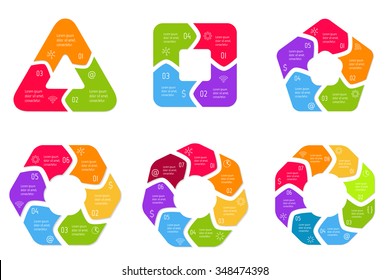 Set of vector connected infographic diagrams. Circular charts with 3, 4, 5, 6, 7, 8 options. Paper progress steps for tutorial. Business concept sequence banners. EPS10 polygonal workflow layouts.