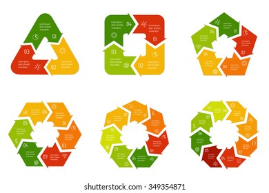 Set of vector connected infographic diagrams. Circular charts with 3, 4, 5, 6, 7, 8 options. Paper progress steps for tutorial. Business concept sequence banners. EPS10 polygonal workflow layouts.