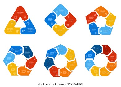 Set of vector connected infographic diagrams. Circular charts with 3, 4, 5, 6, 7, 8 options. Paper progress steps for tutorial. Business concept sequence banners. EPS10 polygonal workflow layouts.