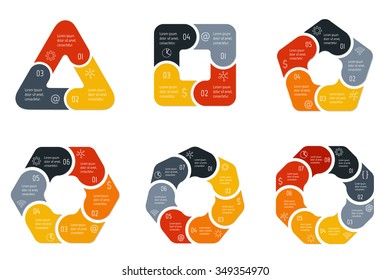 Set of vector connected infographic diagrams. Circular charts with 3, 4, 5, 6, 7, 8 options. Paper progress steps for tutorial. Business concept sequence banners. EPS10 polygonal workflow layouts.