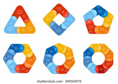 Set of vector connected infographic diagrams. Circular charts with 3, 4, 5, 6, 7, 8 options. Paper progress steps for tutorial. Business concept sequence banners. EPS10 polygonal workflow layouts.