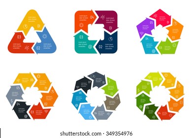 Set of vector connected infographic diagrams. Circular charts with 3, 4, 5, 6, 7, 8 options. Paper progress steps for tutorial. Business concept sequence banners. EPS10 polygonal workflow layouts.