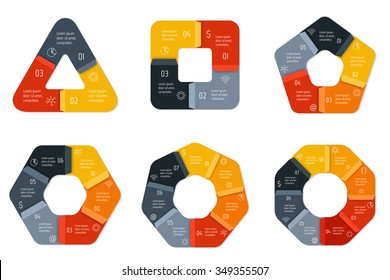 Set of vector connected infographic diagrams. Circular charts with 3, 4, 5, 6, 7, 8 options. Paper progress steps for tutorial. Business concept sequence banners. EPS10 polygonal workflow layouts.
