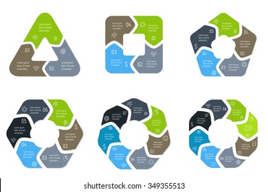 Set of vector connected infographic diagrams. Circular charts with 3, 4, 5, 6, 7, 8 options. Paper progress steps for tutorial. Business concept sequence banners. EPS10 polygonal workflow layouts.