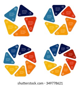 Set of vector connected infographic diagrams. Circular charts with 5, 6, 7, 8 options. Paper progress steps for tutorial. Business concept sequence banners. Workflow layouts with rounded corners.