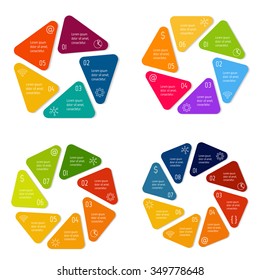 Set of vector connected infographic diagrams. Circular charts with 5, 6, 7, 8 options. Paper progress steps for tutorial. Business concept sequence banners. Workflow layouts with rounded corners.