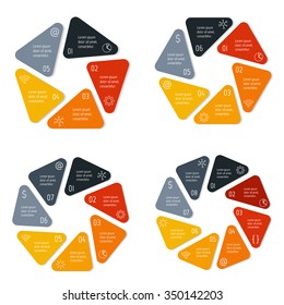 Set of vector connected infographic diagrams. Circular charts with 5, 6, 7, 8 options. Paper progress steps for tutorial. Business concept sequence banners. Workflow layouts with rounded corners.