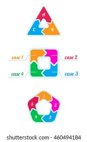 Set of vector connected infographic diagrams. Circular charts with 3, 4 and 5 cases (options). Can use for progress steps. Geometrical banners with arrows with smooth angles isolated on white