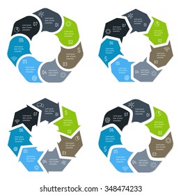 Set of vector connected polygonal infographic diagrams. Circular charts with 7 options. Paper progress steps for tutorial. Business concept sequence banners. EPS10 seven parts workflow layouts.