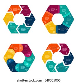 Set of vector connected polygonal infographic diagrams. Circular charts with 6 options. Paper progress steps for tutorial. Business concept sequence banners. EPS10 hexagonal workflow layouts.