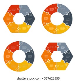 Set of vector connected puzzle infographic diagrams. Circular charts with 6 options. Paper progress steps for tutorial. Business concept sequence banners. EPS10 workflow layout collection.