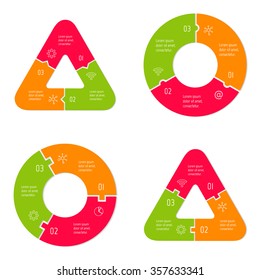 Set of vector connected puzzle infographic diagrams. Circular charts with 3 options. Paper progress steps for tutorial. Business concept sequence banners. EPS10 workflow layout collection.
