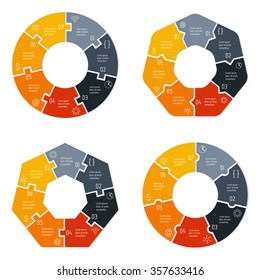 Set of vector connected puzzle infographic diagrams. Circular charts with 7 options. Paper progress steps for tutorial. Business concept sequence banners. EPS10 workflow layout collection.