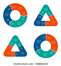 Set of vector connected puzzle infographic diagrams. Circular charts with 3 options. Paper progress steps for tutorial. Business concept sequence banners. EPS10 workflow layout collection.