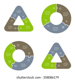 Set of vector connected puzzle infographic diagrams. Circular charts with 3 options. Paper progress steps for tutorial. Business concept sequence banners. EPS10 workflow layout collection.