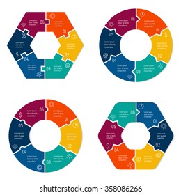 Set of vector connected puzzle infographic diagrams. Circular charts with 6 options. Paper progress steps for tutorial. Business concept sequence banners. EPS10 workflow layout collection.