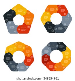 Set of vector connected round infographic diagrams. Circular charts with 5, 6, 7, 8 options. Paper progress steps for tutorial. Business concept sequence banners. EPS10 polygonal workflow layouts.