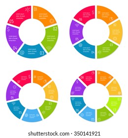 Set of vector connected round infographic diagrams. Circular charts with 5, 6, 7, 8 options. Paper progress steps for tutorial. Business concept sequence banners. EPS10 workflow layouts.