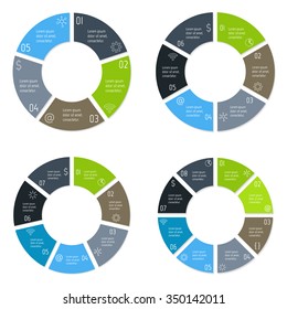 Set of vector connected round infographic diagrams. Circular charts with 5, 6, 7, 8 options. Paper progress steps for tutorial. Business concept sequence banners. EPS10 workflow layouts.