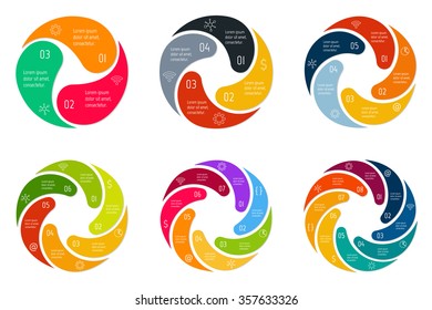 Set of vector connected spiral infographic diagrams. Circular charts with 3, 4, 5, 6, 7, 8 options. Paper progress steps for tutorial. Business concept sequence banners. EPS10 workflow layouts.