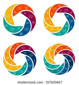 Set of vector connected spiral infographic diagrams. Circular charts with 5, 6, 7, 8 options. Paper progress steps for tutorial. Business concept sequence banners. EPS10 workflow layouts.
