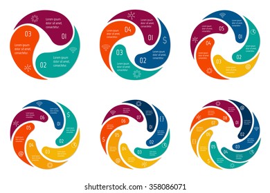 Set of vector connected spiral infographic diagrams. Circular charts with 3, 4, 5, 6, 7, 8 options. Paper progress steps for tutorial. Business concept sequence banners. EPS10 workflow layouts.